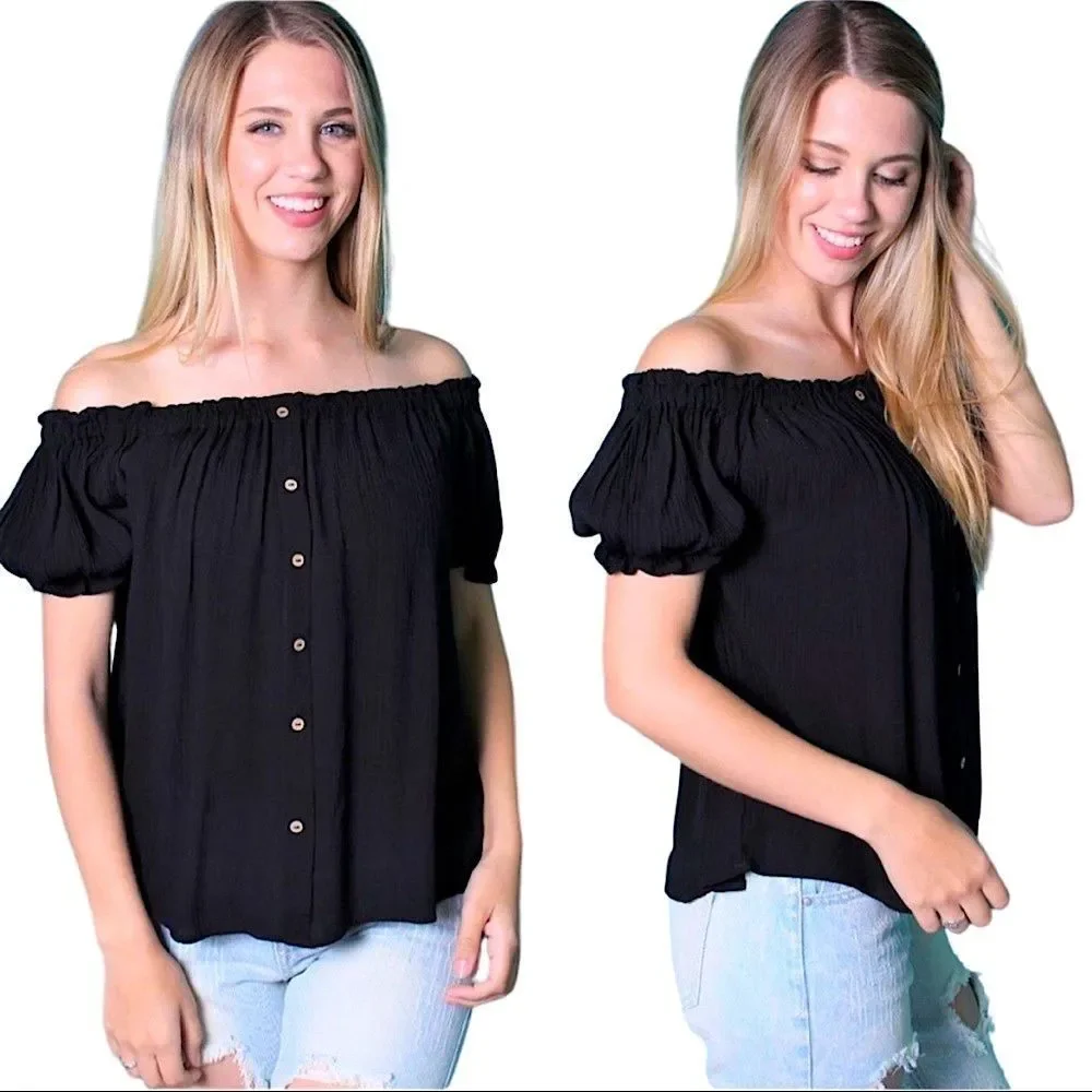NEW ZANDER THREADS BLACK OFF THE SHOULDER BOHO TOP - Picture 1 of 12
